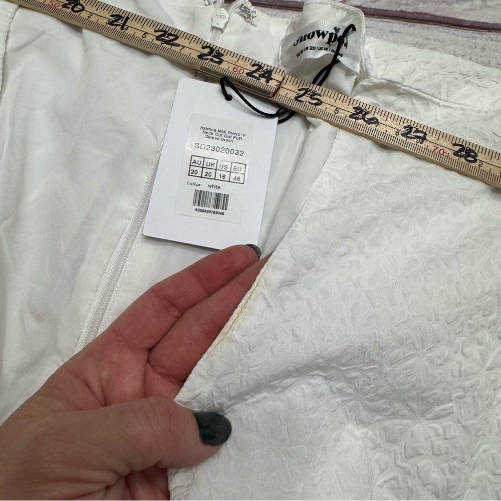ShowPo Ashtina Midi Dress-V Neck Cut Out Puff Sleeve Dress in White Size 16 NEW - Picture 10 of 12